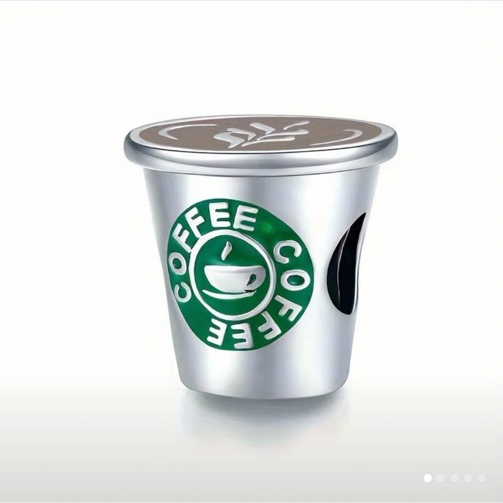 Silver Coffee to go Cup Capsule with Green Logo charm